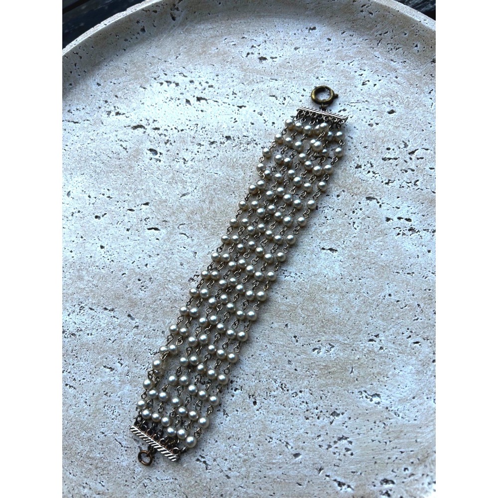 Grey Multi-Strand Faux Pearl Bracelet 6 Row Wide Cuff Silver Tone Clasp 8 Inch